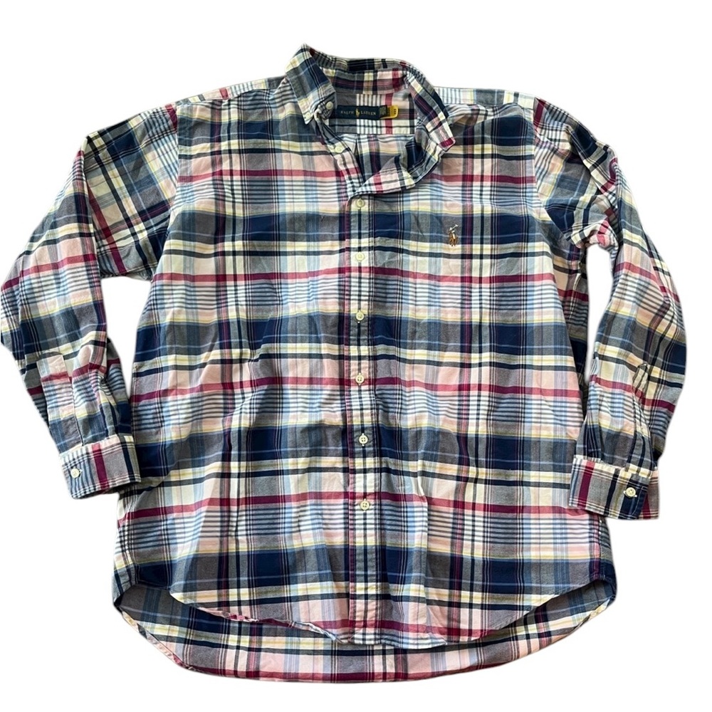 Polo Ralph Lauren Mens Plaid Yellow Pink Blue Button Down Collared Shirt Size LT